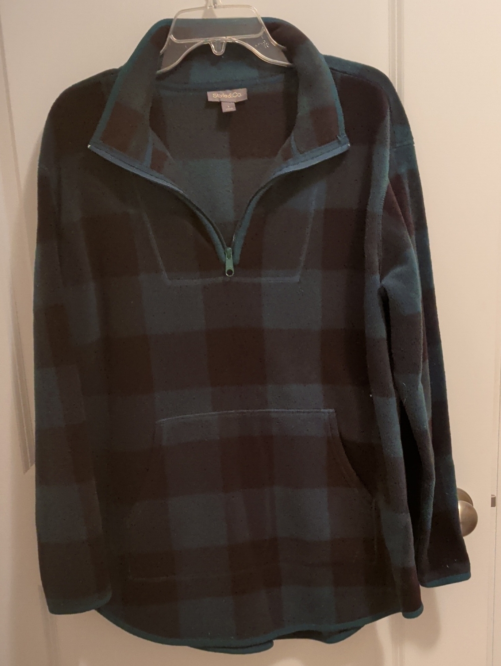 Women's Style & Co Quarter-Zip Plaid Fleece Pullover - Teal & Black